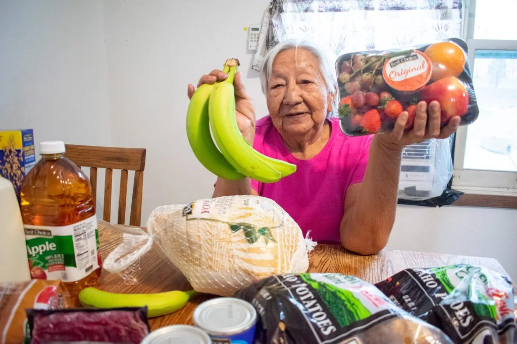 An elderly woman holds bananas and fruit, surrounded by groceries like apple juice, a turkey, and canned goods. Northern Plains Reservation Aid applies.