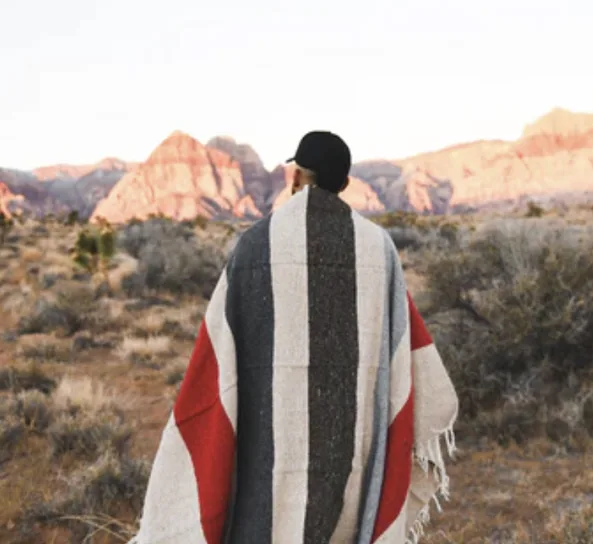 A person in a desert landscape is wrapped in a striped blanket, gazing at distant reddish mountains. Support native artists.