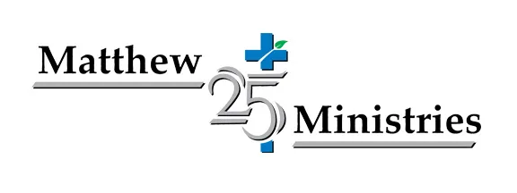 Logo of Matthew 25 Ministries featuring "Matthew 25" and a blue cross with a green leaf.
