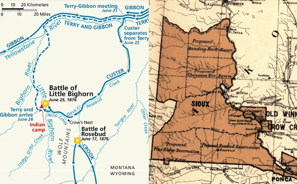 Two maps depict the Battle of Little Bighorn and surrounding areas, highlighting routes and reservations.