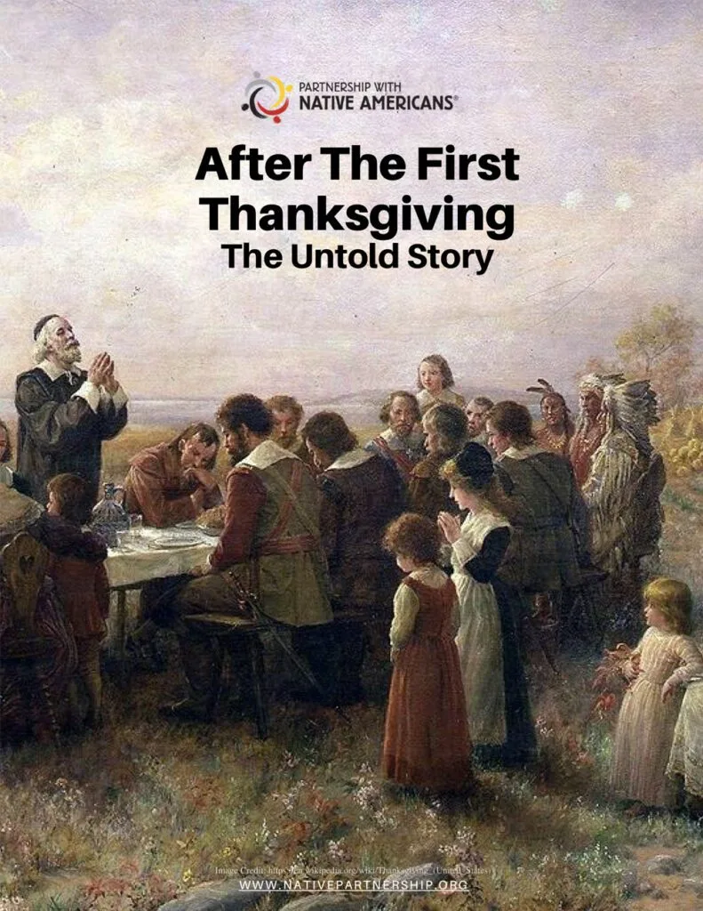 A depiction of the first Thanksgiving, highlighting the Wampanoag Tribe and English colonists. The real Thanksgiving story is featured.