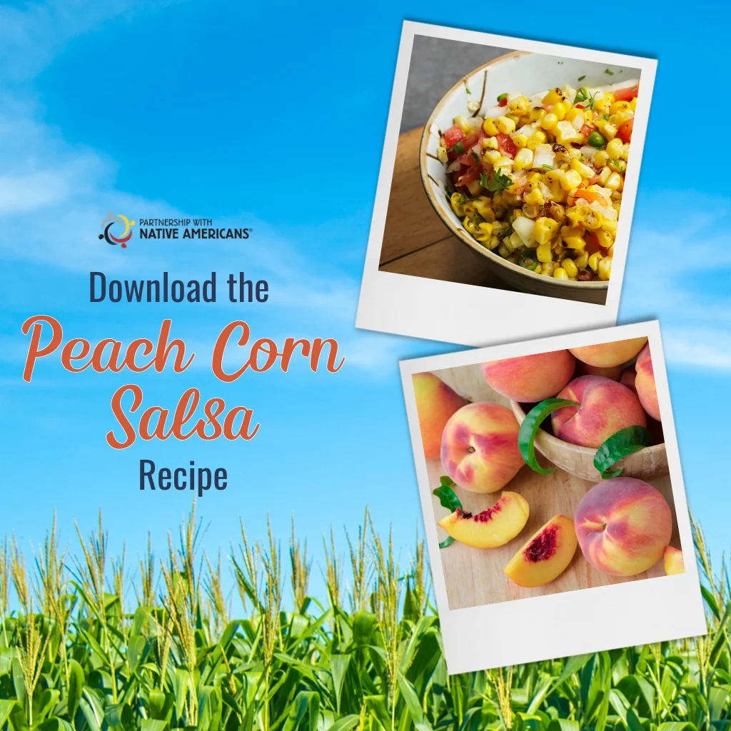 Promotes downloading a peach corn salsa recipe with images of salsa, peaches, and corn.