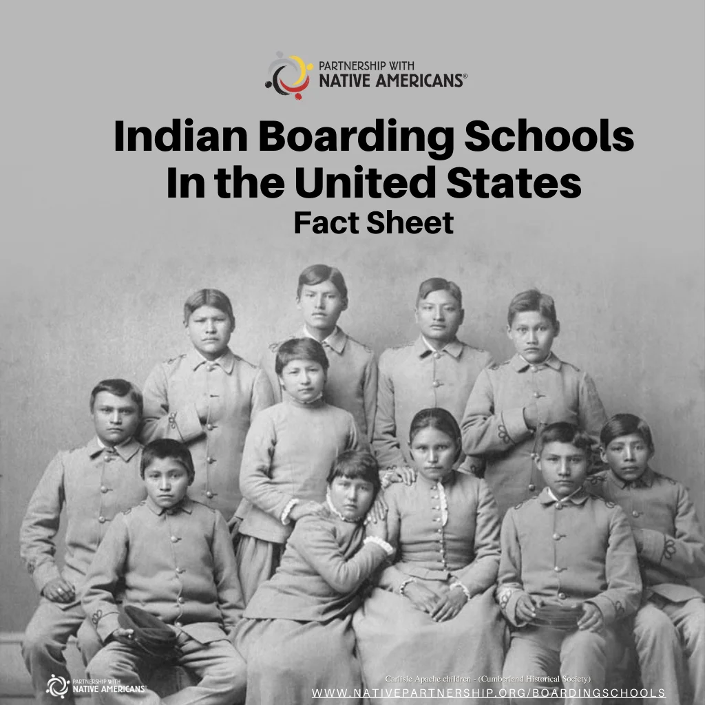 A group photo of Native American children in uniforms from an Indian boarding school, with a mention of a fact sheet by Native Partnership.