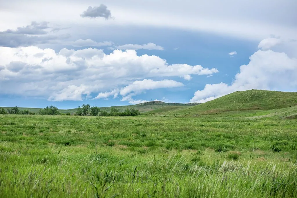 A vast green prairie landscape with hills and cloud-filled sky.