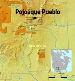 Map showing Pojoaque Pueblo in New Mexico with a location inset of North America.