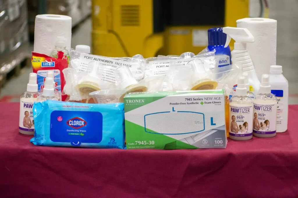 Various hygiene and cleaning supplies, including disinfecting wipes, gloves, sanitizer, face masks, and paper towels.