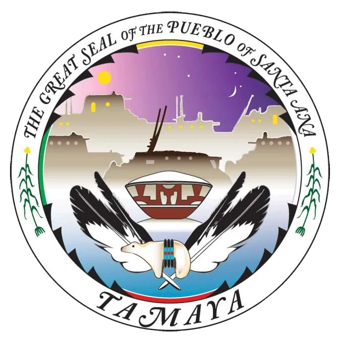 The Great Seal of the Pueblo of Santa Ana, featuring traditional elements and the word "Tamaya."