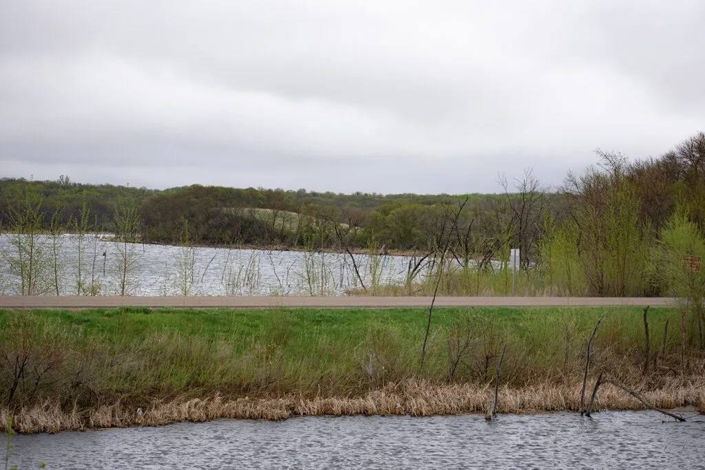 A lake with a scenic view, surrounded by trees and a road.