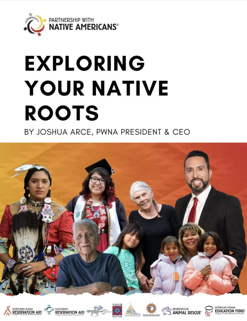 The image promotes exploring Native American roots, featuring diverse individuals and related organizations.