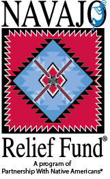The logo is for the Navajo Relief Fund, featuring a geometric pattern and text related to native partnerships.
